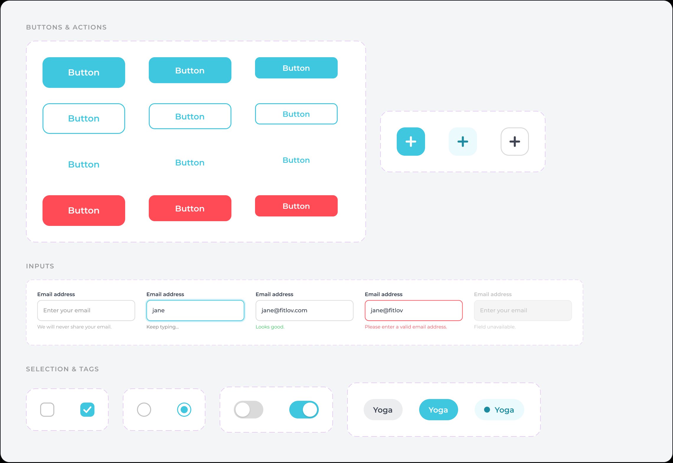 Fitlov design system, buttons, inputs and selection components