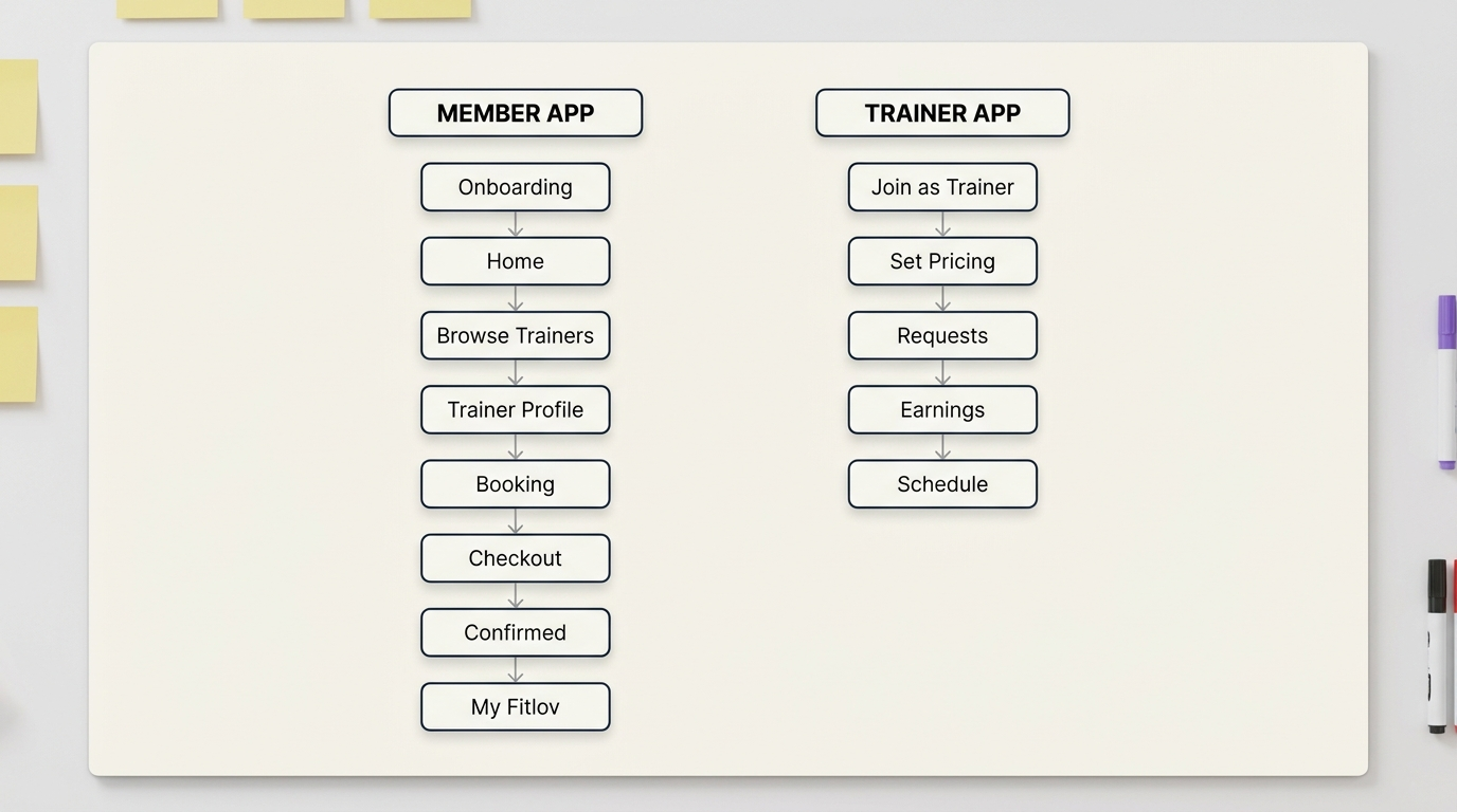 Fitlov information architecture, member and trainer app sitemap