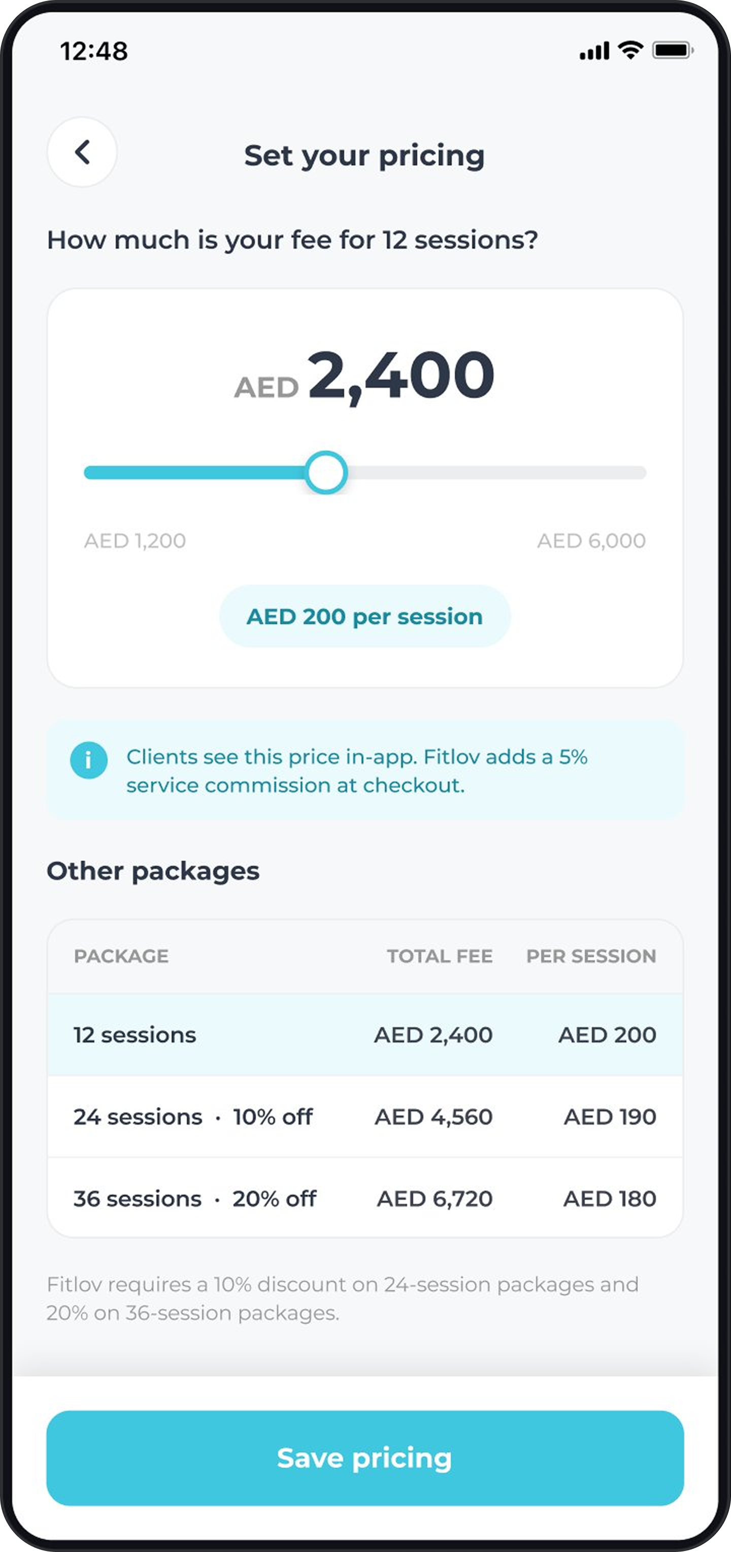 Set pricing screen