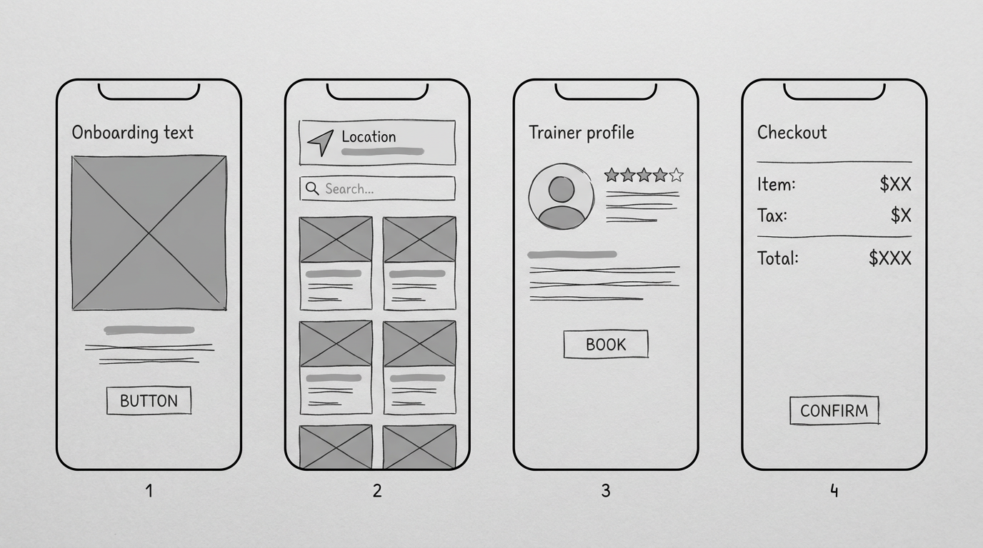 Low-fidelity wireframes, onboarding, home, trainer profile, checkout