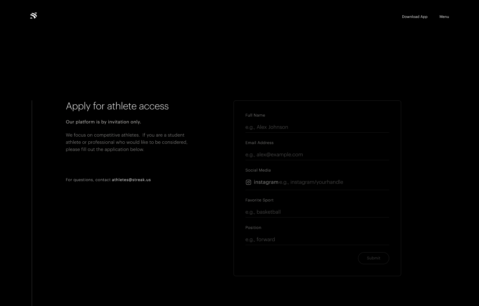 Streak athlete application, desktop